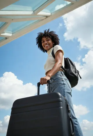Jovem com mala de viagem para o exterior